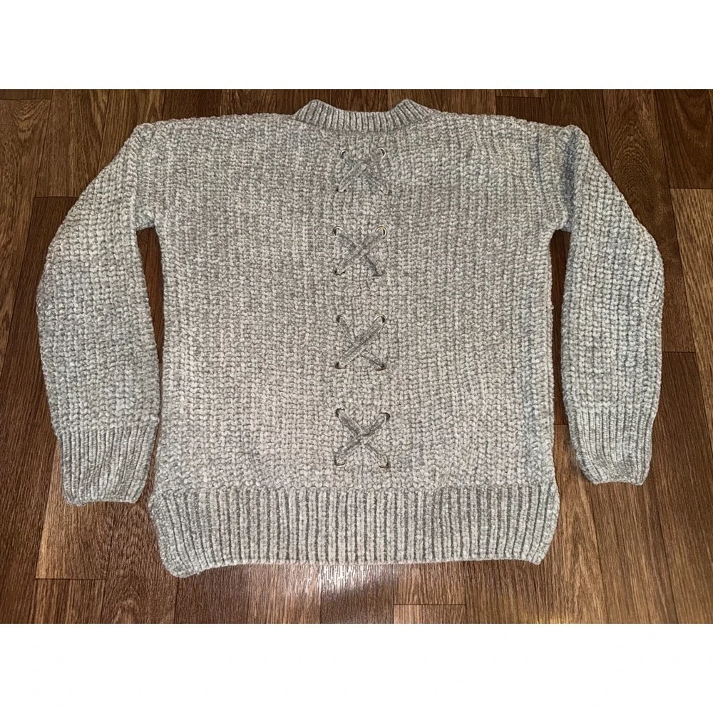 Pink Rose Girl Grey Chenille Lace Up Back Sweater‎ Size L 14 KF0S21208BV